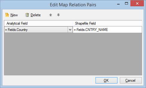 Configure the relation between the Analytical and Shapefile fields in the Map Relation Pairs Dialog of the Report Designer