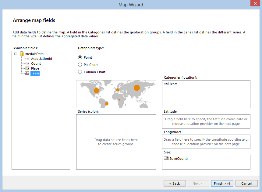 The Arrange Map Fields page of the Standalone Report Designer Map Wizard with selected Point type and Categories and Size configured