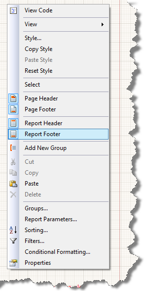 The context menu of the Report item that opens on right-click and lets you add a Page Header or Footer