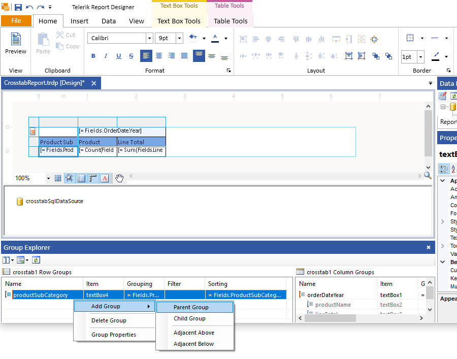 Add Manually a Parent Row Group to the Crosstab of the Standalone Report Designer