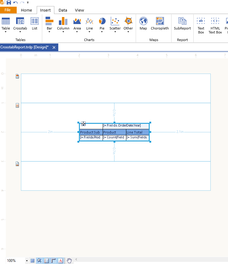 Crosstab in design view after finishing the Crosstab Wizard of the Standalone Report Designer