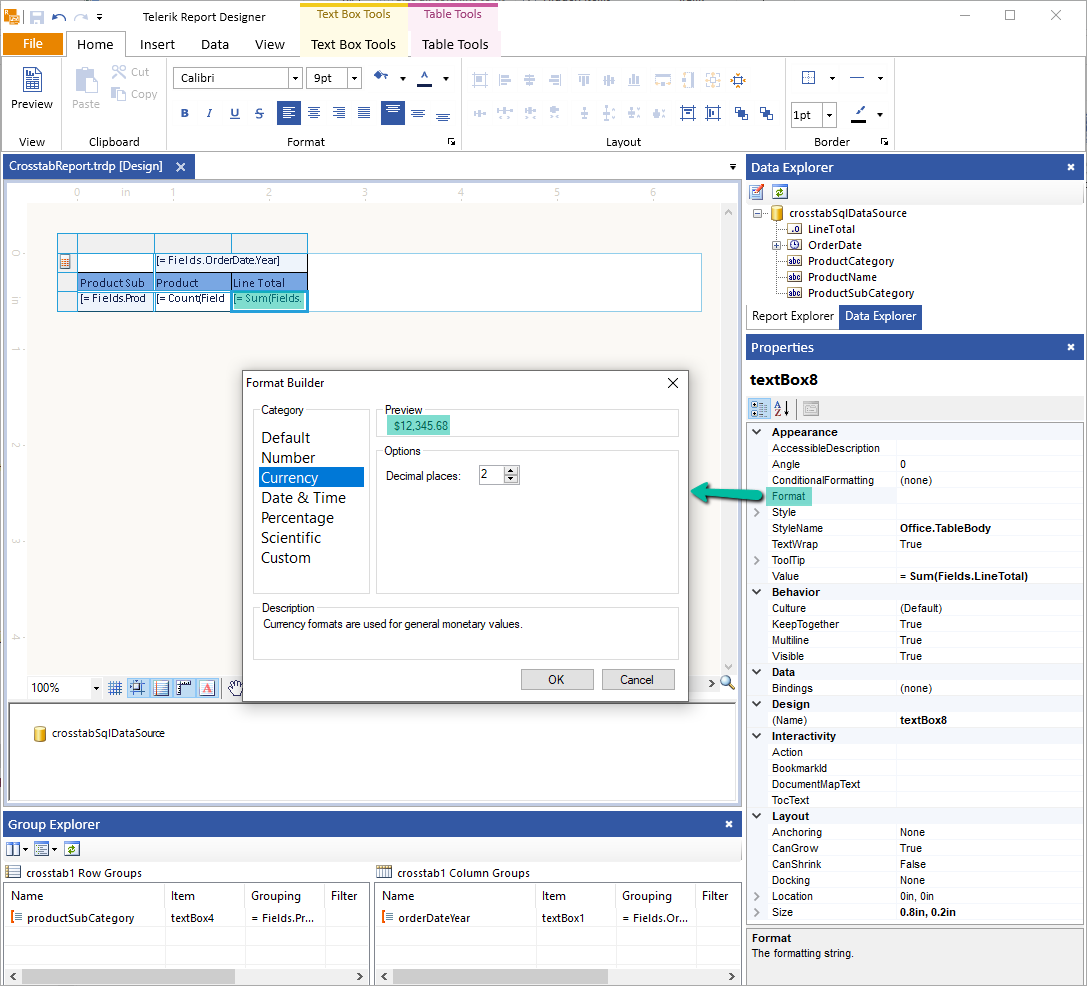 Manually adjusting the Currency Format of the Crosstab in the Standalone Report Designer