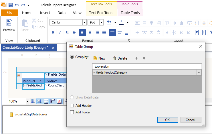Add Grouping to the new Parent Row Group of the Crosstab in the Standalone Report Designer