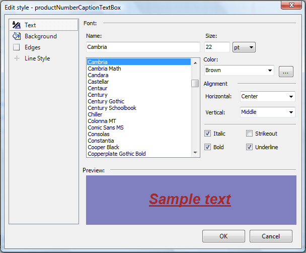 Image of the style editor window, showing the available styling properties