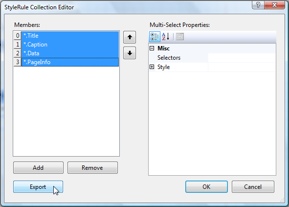 Image of the StyleRule Collection Editor window, showing the Export button highlighted