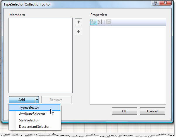 Image of the TypeSelector Collection Editor window, showing the available values of the Add dropdown button. The TypeSelector option is highlighted