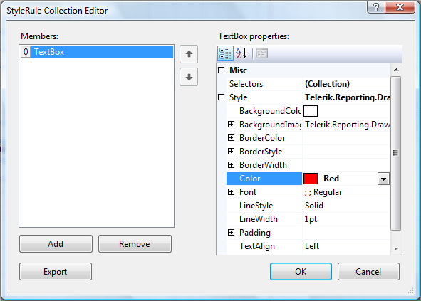 Image of the StyleRule Collection Editor window, showing the expanded Style properties of the currently selected TypeSelector rule