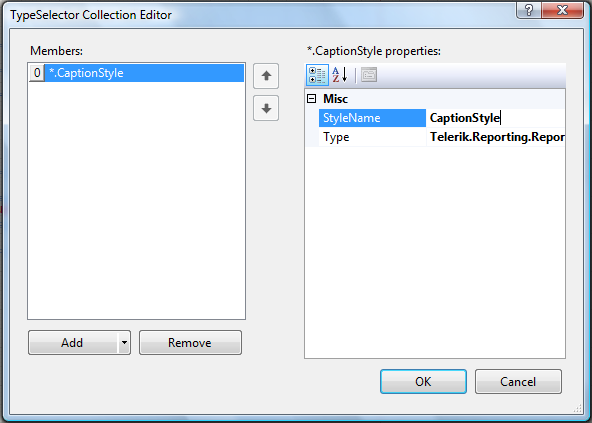 Image of the TypeSelector Collection Editor window, showing the properties of the currently selected StyleSelector