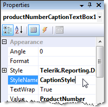 Image showing the properties window of a TextBox item, with the StyleName property highlighted in blue