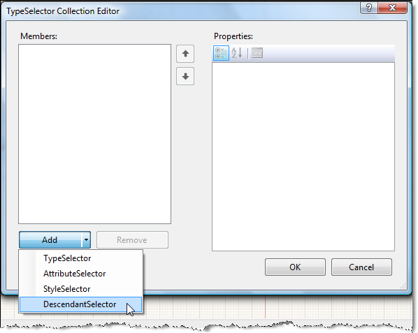 Image of the TypeSelector Collection Editor window, showing the available values of the Add dropdown button. The DescendantSelector option is highlighted