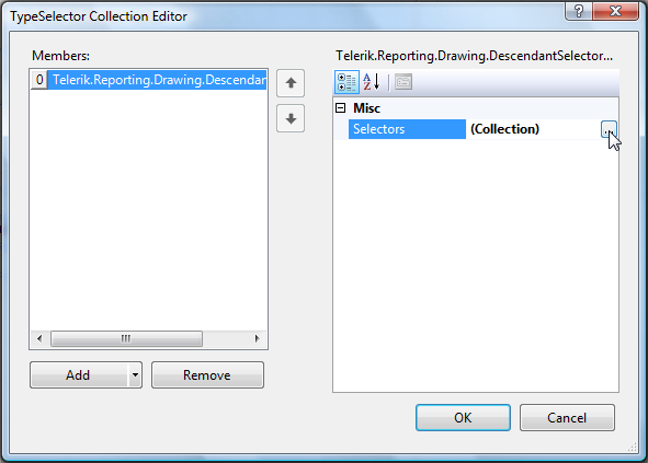 Image of the TypeSelector Collection Editor window, showing the ellipsis button next to the Selectors property of the currently selected DescendantSelector