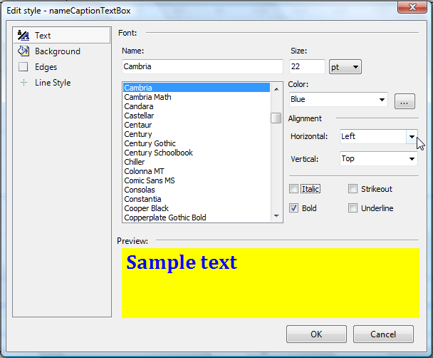 Image of the style editor window of a TextBox item, showing the different styling options available