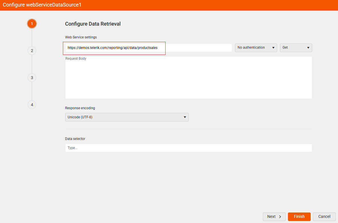 Web Service Data Source Wizard Step 1 ><