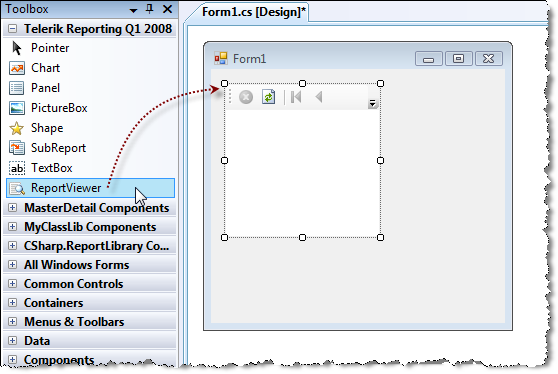 Image showing how the ReportViewer control can be added to the form through the Visual Studio Toolbox