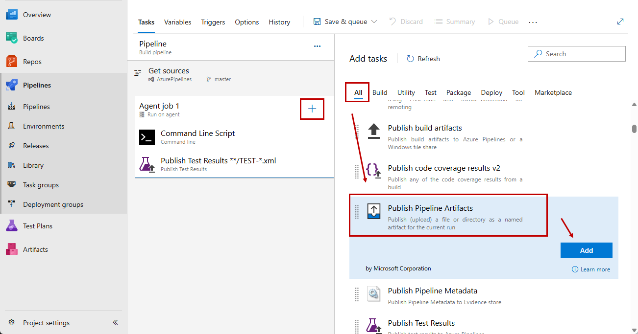 Add Publish Pipeline Artifacts task