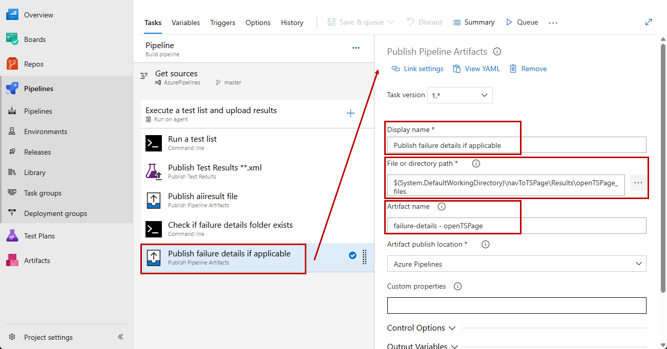 Configure Publish Pipeline Artifacts task for the failure details