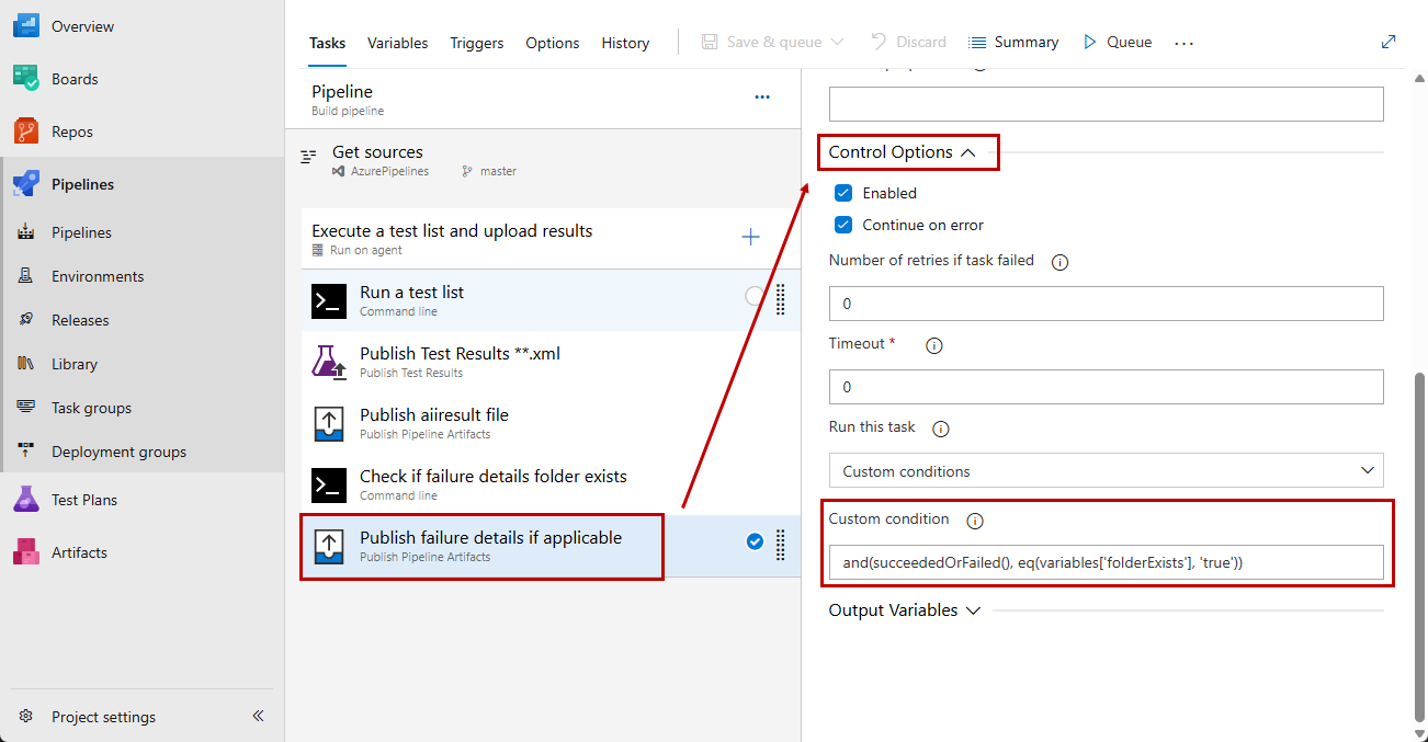 Configure control options for Publish Pipeline Artifacts task for the failure details