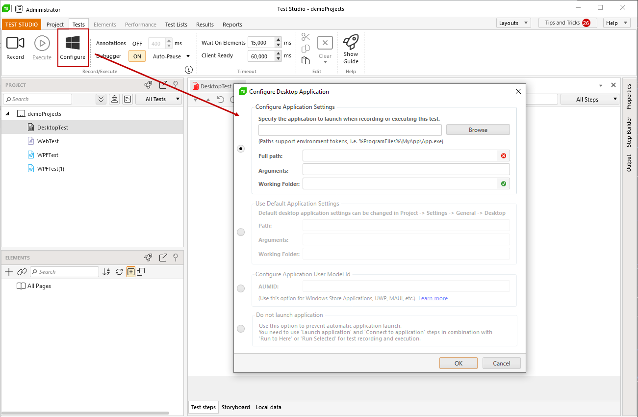 Configure desktop app for testing