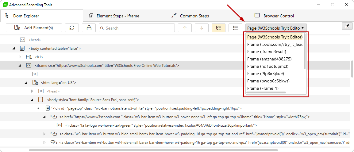 DOM Explorer parent node filter