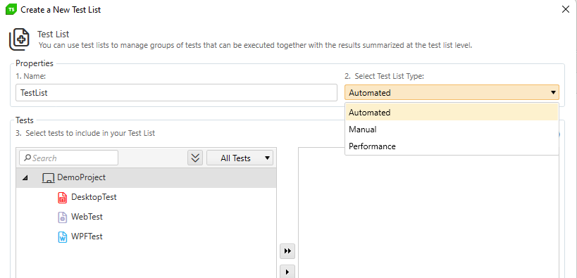 Choose Test List Type