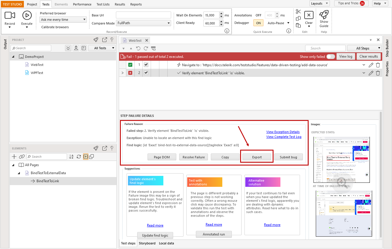 failure section export button
