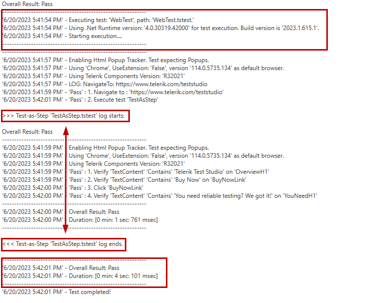 Execution log for passed test as step