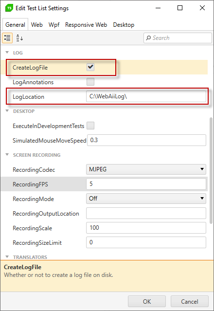 Test List settings