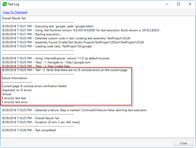 Execution Log with Failed JS Errors Step