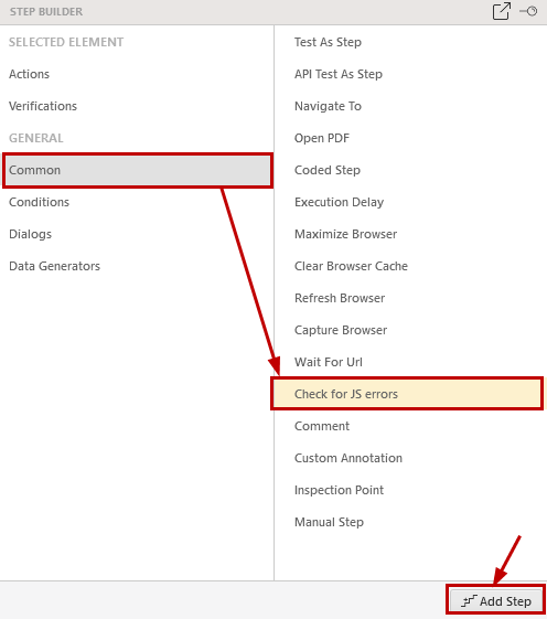 Add Check for JS errors step