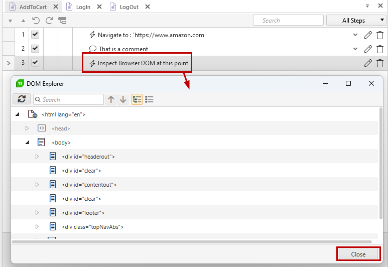 Inspect Browser DOM Step