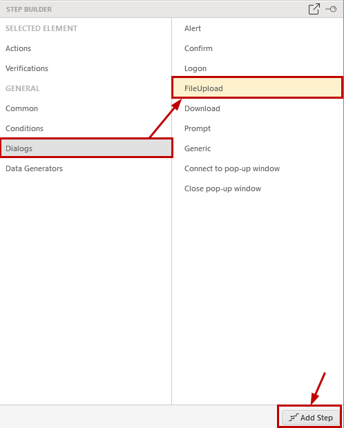 Step Builder Dialogs section