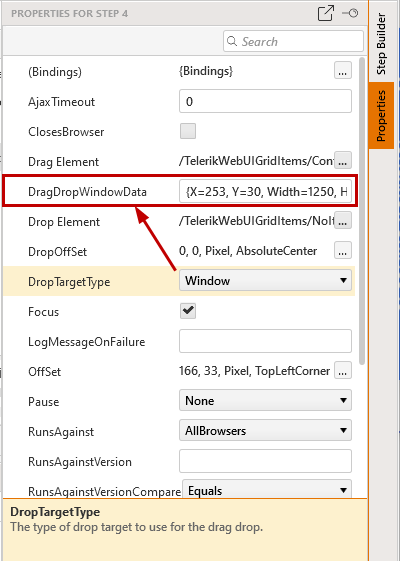 Drop target type window properties