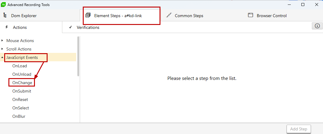Add step to invoke JavaScript Events