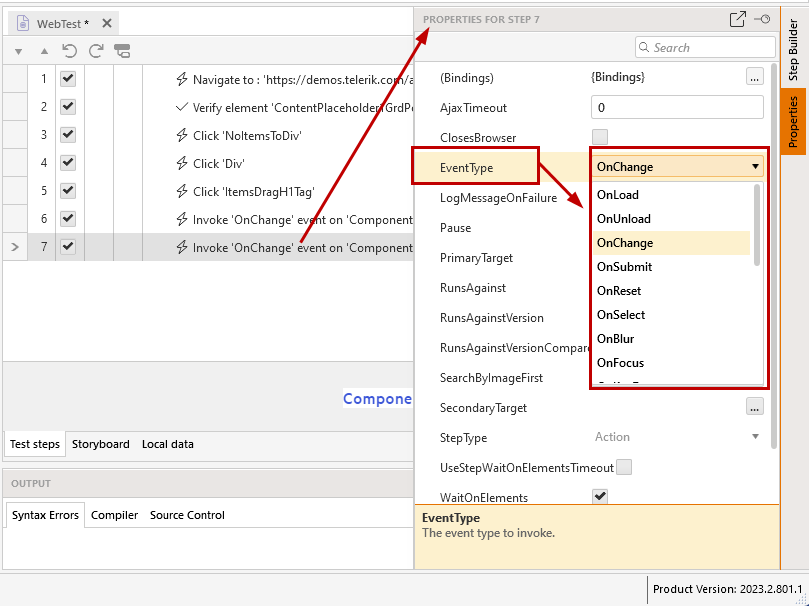 SJavaScript Event step properties