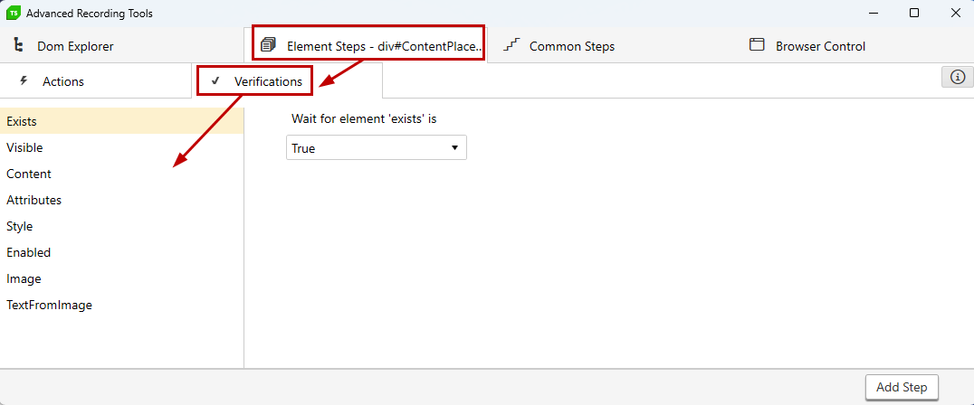 Verifications section in Elements Steps