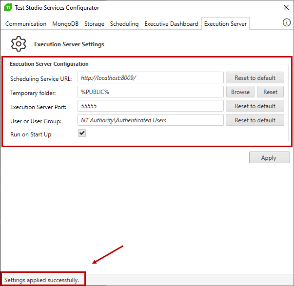 Execution Server config tab