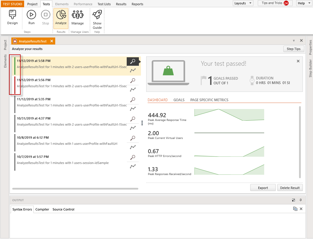 Passed or Failed test indication for running tests with predefined goals