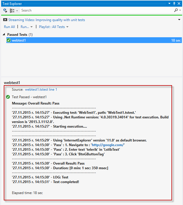 Test Results (VS plugin) - Progress Test Studio