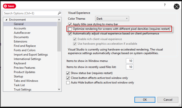 Optimize rendering option in Visual Studio