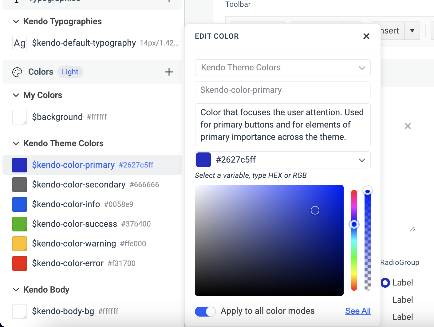 Editing Progress ThemeBuilder Variables in the Theme Styles pane