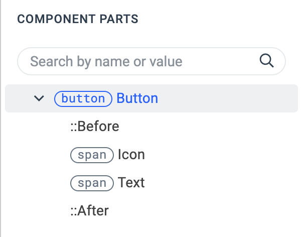 The Component Parts pane in ThemeBuilder