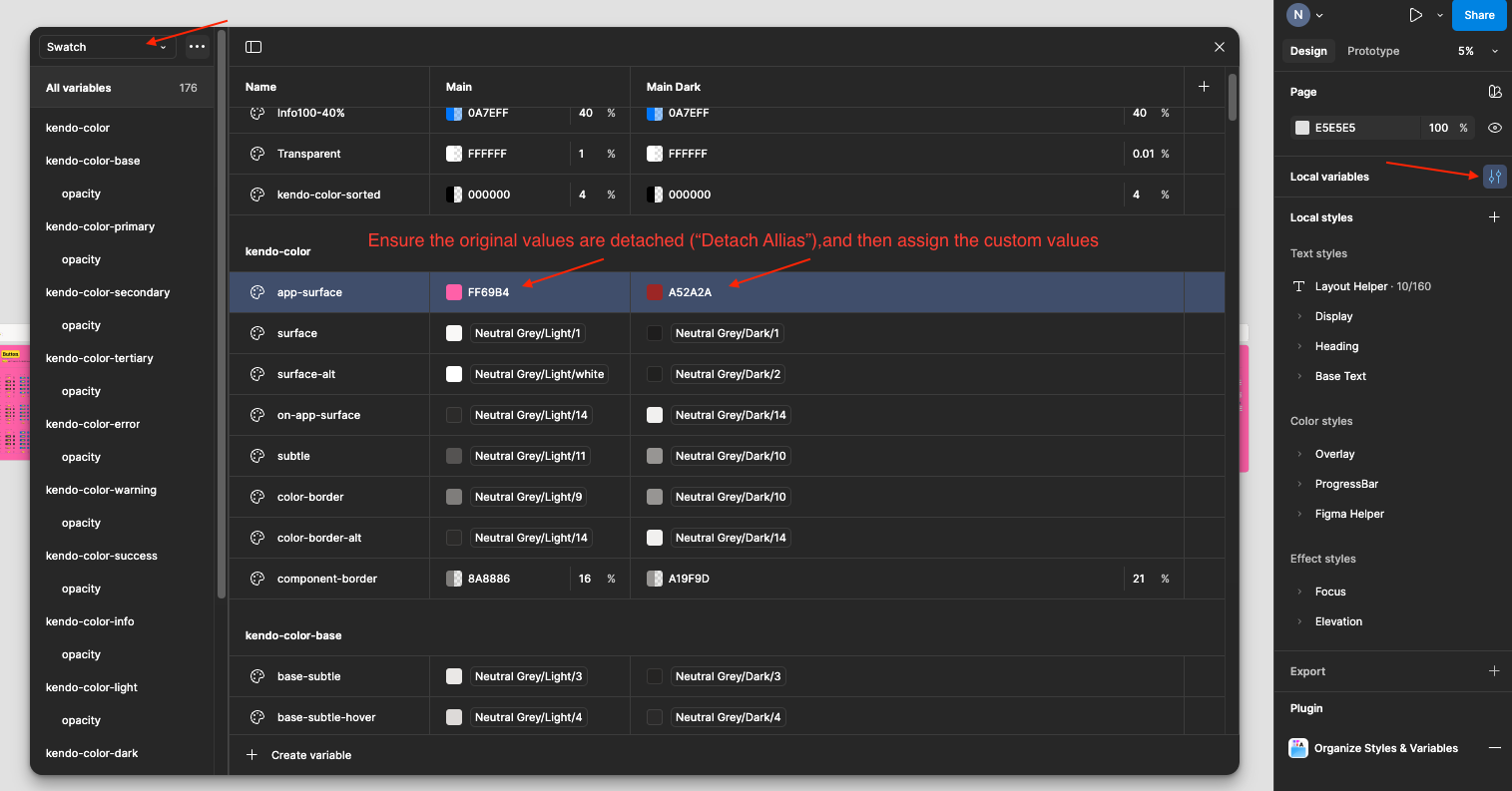 Local variables pane in Figma