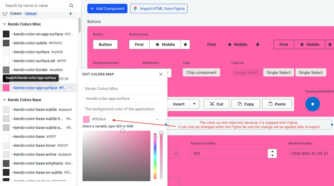 Mapped Telerik UI Kit color variables in ThemeBuilder