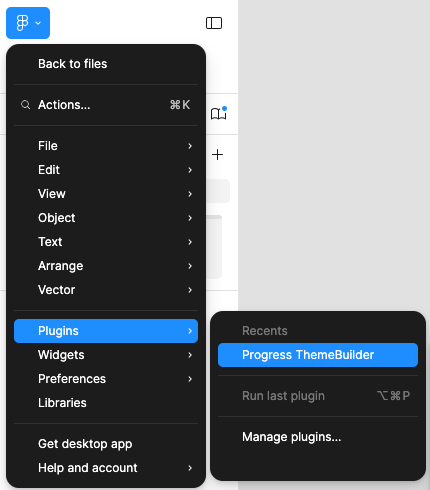 "Progress ThemeBuilder" option highlighted from the Figma's main menu.