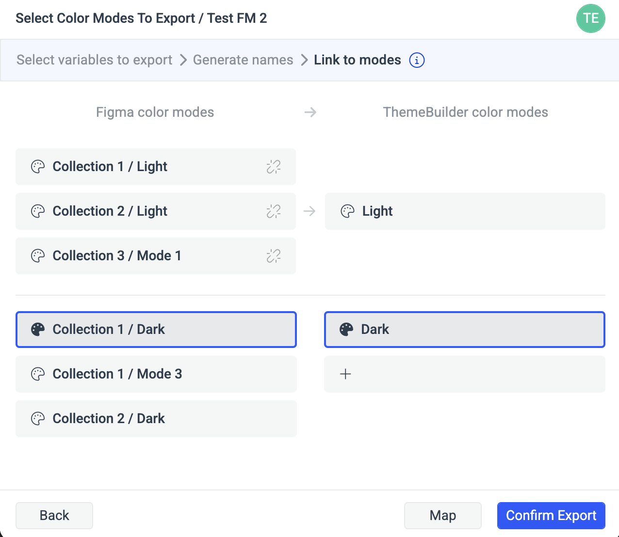 "Link to modes" screen from the plugin.