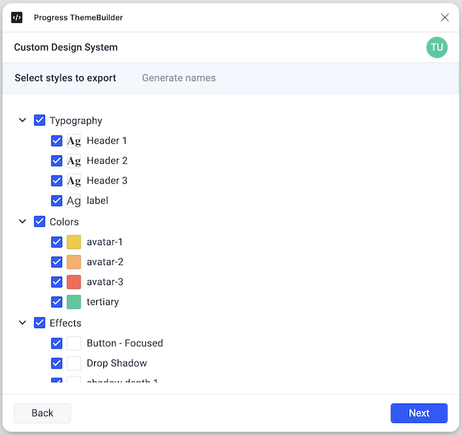 "Select styles to export" screen from the plugin dialog.