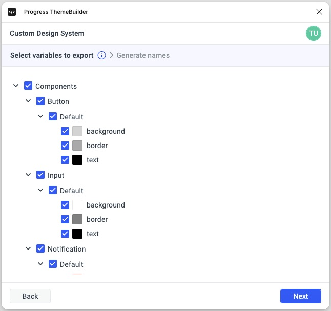 "Select variables to export" screen from the plugin dialog.