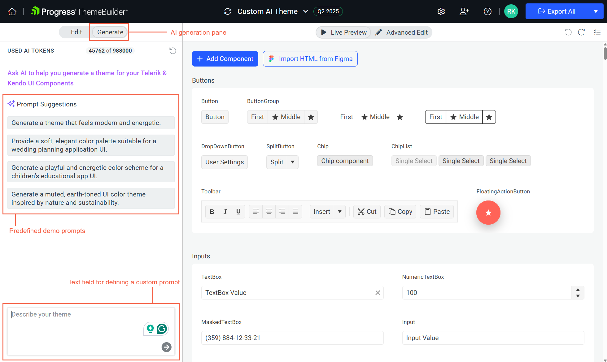 Using the "Generate" tab to define a prompt for theme generation