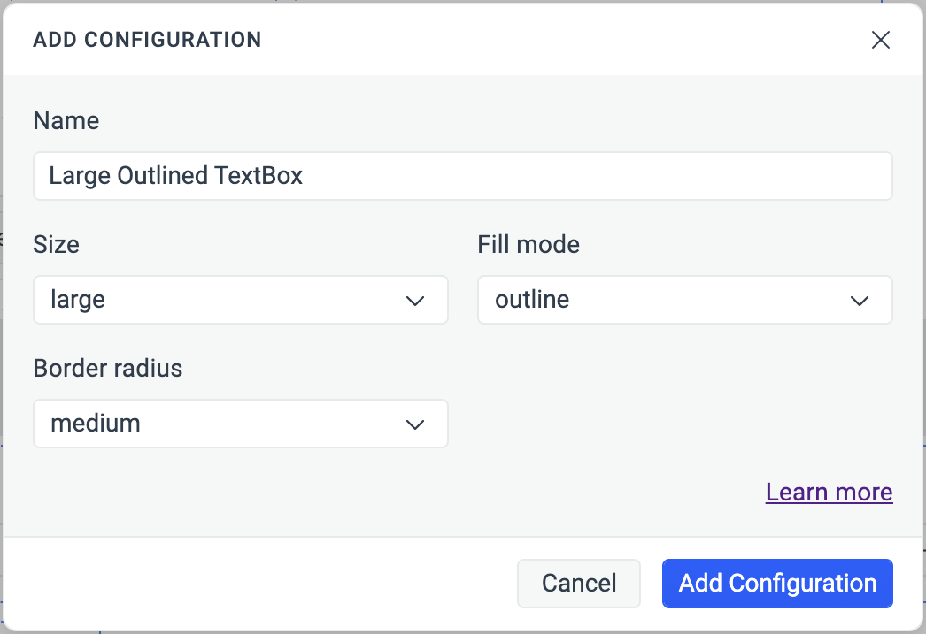 ADD CONFIGURATION popup options selected for a Large Outlined TextBox.