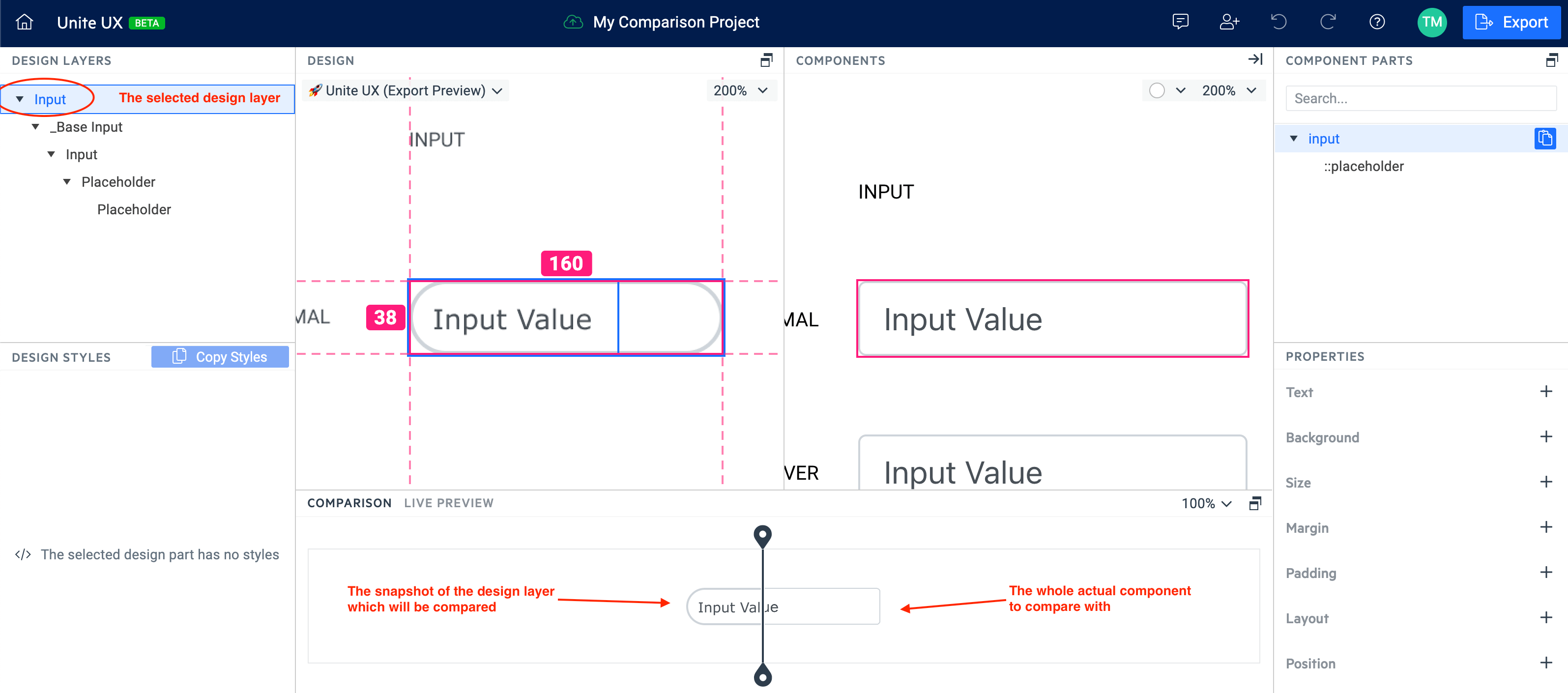 Compare the design layer and the component